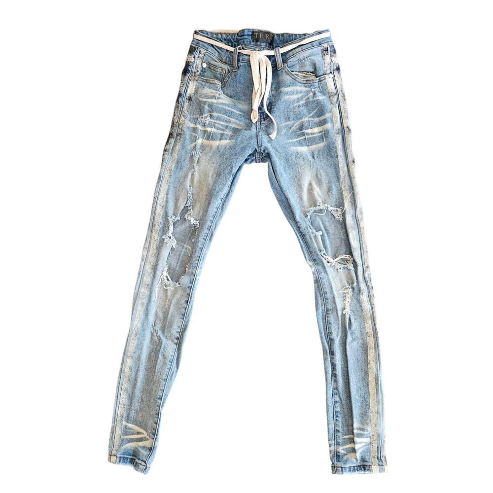 THRT DENIM Ripped JEANS Pants - Size‎ 30 - Distressed Blue - Race Stripes